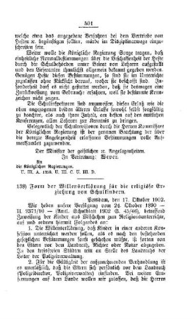 Form der Willenserklärung für die religiöse Erziehung von Schulkindern : [F. Öffentliches Volksschulwesen]