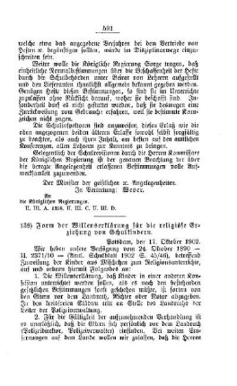 Form der Willenserklärung für die religiöse Erziehung von Schulkindern : [F. Öffentliches Volksschulwesen]