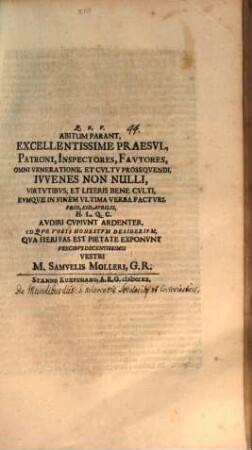 Abitum parant ... iuvenes nonnulli ... : [Programma ad actum oratorium invitatorium, continens quaedam de mundiburdiis]