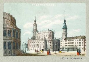 Ansicht der Katholische Hofkirche, Lithografie, um 1840 : Theaterplatz. [S.l.], [um 1840]. - 1 Kunstbl. : kol. Lithogr. ; 8,6 x 5,5 cm.
