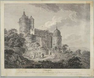 Die Burg Stolpen in der Sächsischen Schweiz, Blick nach Südwesten auf das Hauptportal mit dem Johannisturm (Coselturm) links und dem Schösserturm rechts, aus Zinggs Kupferstichwerk