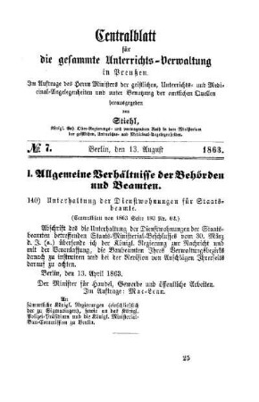 Unterhaltung der Dienstwohnungen für Staatsbeamte : [I. Allgemeine Verhältnisse der Behörden und Beamten]