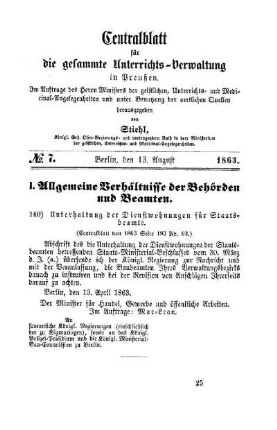 Unterhaltung der Dienstwohnungen für Staatsbeamte : [I. Allgemeine Verhältnisse der Behörden und Beamten]