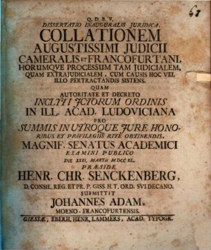 Dissertatio Inauguralis Juridica, Collationem Augustissimi Judicii Cameralis Et Francofurtani ... Sistens