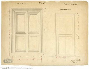 Entwurf für zwei Türen: links eine zweiflügelige Tür mit architraviertem Rahmen; rechts eine kleinere, einfache Tür; wahrscheinlich für den Palazzo Stroganoff; die linke Tür wahrscheinlich für dessen erstes Geschoss