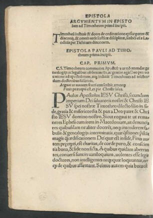 Argumentum In Epistolam ad Timotheum primam incipit.