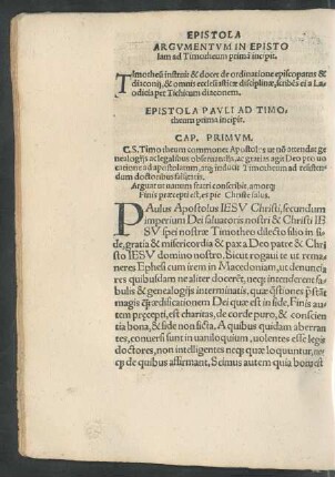 Argumentum In Epistolam ad Timotheum primam incipit.