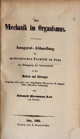Die Mechanik im Organismus : von Eduard Hermann Leo