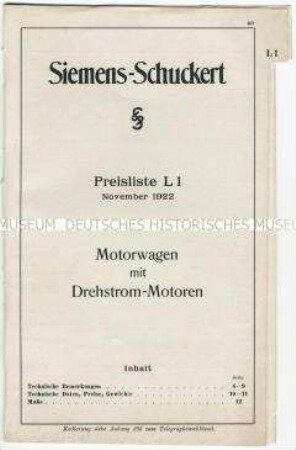 Preisliste L 1 über Motorwagen mit Drehstrommotoren