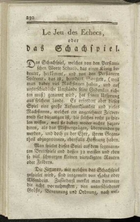 Le Jeu des Echecs, oder Das Schachspiel.
