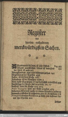 Register der hierinn enthaltenen merckwürdigsten Sachen