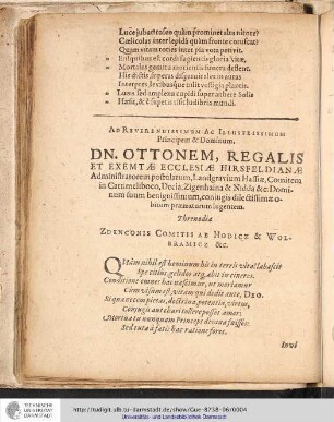 Ad Reverendissimum Ac Illustrissimum Principem & Dominum, Dn. Ottonem, Regalis et Exemtæ Ecclesiæ Hirsfeldianæ