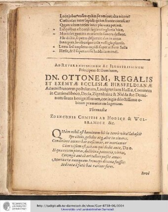 Ad Reverendissimum Ac Illustrissimum Principem & Dominum, Dn. Ottonem, Regalis et Exemtæ Ecclesiæ Hirsfeldianæ