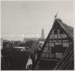 Nördlingen, Blick über Dächer, Dach mit Storchennest