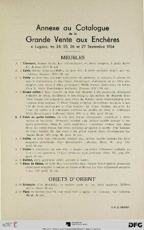 Annexe au Catalogue de la Grande Vente aux Enchères