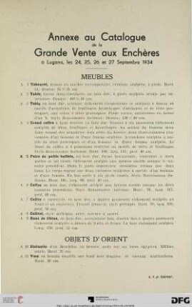 Annexe au Catalogue de la Grande Vente aux Enchères
