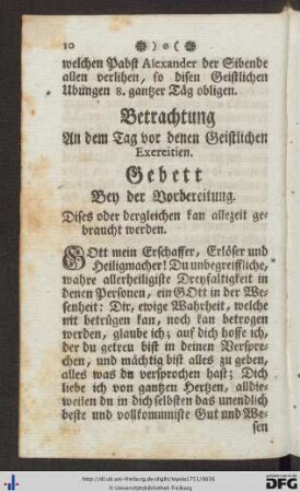 Betrachtung an dem Tag vor denen Geistlichen Exercitien.