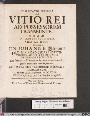 Disputatio Iuridica De Vitio Rei Ad Possessorem Transeunte