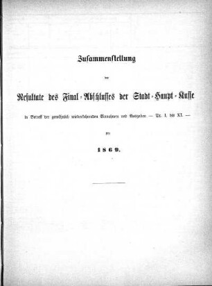 Zusammenstellung der Resultate des Final-Abschlusses der Stadt-Haupt-Kasse ... pro 1869