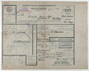 Frachtbrief über Rücktransport zweier Gemälde aus der Ausstellung des Kölnischen Kunstvereins.. Abgesandt in Köln am 22. Juni 1928, angekommen in Den Haag am 29. Juni 1928