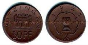 Porzellan-Notmünze (Böttgersteinzeug) der Stadt Kitzingen Wert von 50 Pfennig