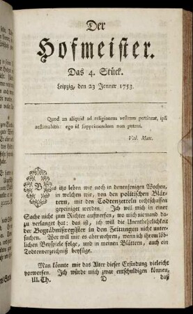 Das 4. Stück. Leipzig, den 23 Jenner 1753.