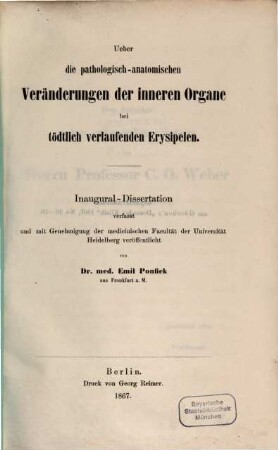Ueber die pathologisch-anatomischen Veränderungen der inneren Organe bei tödtlich verlaufenden Erysipelen