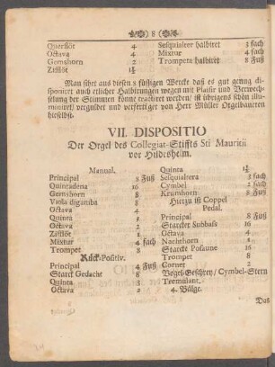 VII. Dispositio Der Orgel des Collegiat-Stiffts Sti Mauritii vor Hildesheim