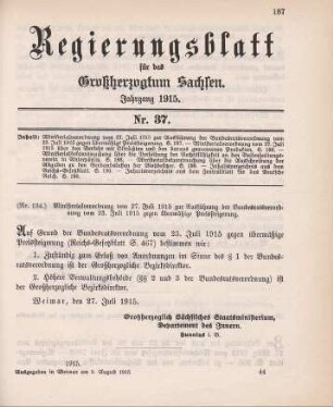 Nr. 134: Ministerialverordnung vom 27. Juli 1915 zur Ausführung der Bundesratsverordnung vom 23. Juli 1915 gegen übermäßige Preissteigerung