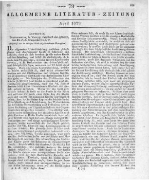 Griepenkerl, F. K.: Lehrbuch der Ästhetik. T. 1-2. Braunschweig: Vieweg 1827 (Beschluss der im vorigen Stück abgebrochenen Recension.)