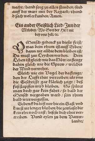 Ein ander Geistlich Lied/ Jnn der Melodey/ Wo Gott der Herr nit bey vns helt/ [et]c.