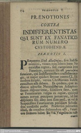 Praenotiones Contra Indifferentistas Qui Sunt Ex Fanaticorum Numero Custodiendae
