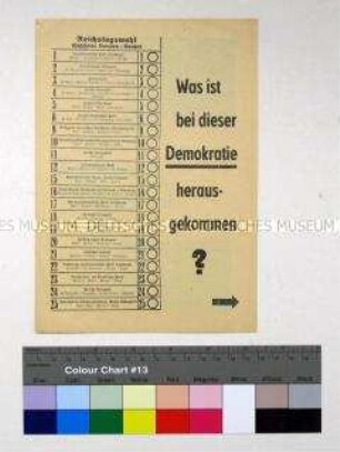 Propagandaschrift der Nationalen Front zur Volkskammerwahl 1958 mit Polemik gegen das Wahlsystem der Weimarer Republik
