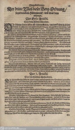 Berg-Ordnung. Der dritte Teil dieser Berg-Ordnung/ saget von dem Hüttenwerck/ und was dem anhanget.
