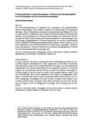 Ethnographische Gesprächsanalyse : zu Nutzen und Notwendigkeit von Ethnographie für die Konversationsanalyse