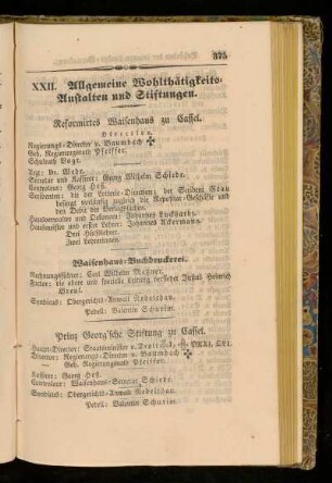 XXII. Allgemeine Wohltätigkeits=Anstalten und Stiftungen.