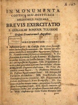 In monumenta coptica seu aegyptiaca bibliothecae Vaticanae brevis exercitatio