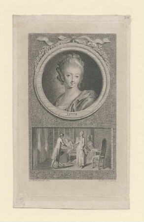 "Lotte" Idealportrait Lottes in Medaillon, darunter Szene der Übergabe der Pistole an den Boten