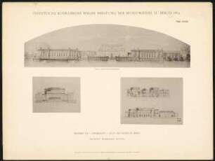 Wettbewerb Museumsinsel, Berlin: Projekt VII, Ansicht vom Kupfergraben, Schnitte (aus: Concurrenzentwürfe wegen Bebauung d. Museumsinsel zu Berlin. Auswahl d. preisgekrönten u. besten Entwürfe, Berlin 1884)