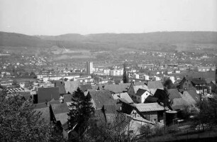 Lörrach, Tüllingen: Von Tüllingen (alte Dächer) auf Stetten und Grenze