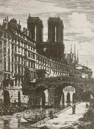 Le Petit Pont zu Paris mit Notre-Dame : Frankreich, Paris, Petit Pont, Radierung