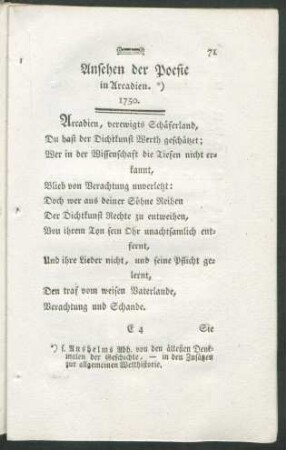 Ansehen der Poesie in Arcadien. *) 1750.