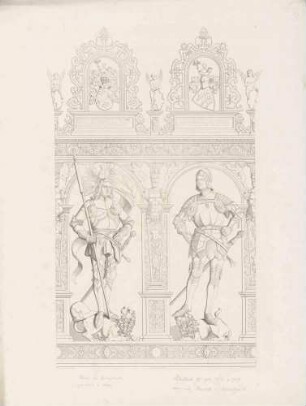 Graf Ulrich (der Vielgeliebte), Graf Eberhard IV (der Jüngere), in Renaissancerahmen mit Wappen und Inschrift darüber, Graf Ulrich mit Reichssturmfahne, beide in Rüstung auf Löwen stehend