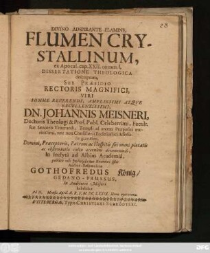 Flumen Crystallinum, ex Apocal. cap. XXII. comm. I. Dissertatione Theologica descriptum