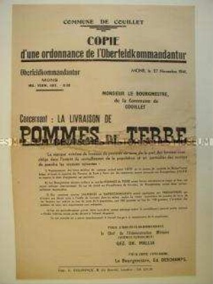 Maueranschlag der Oberfeldkommandantur Mons mit der Androhung von Sanktionen bei fortgesetzt zögernder Kartoffellieferung