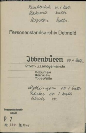 Kirchenbuchduplikate der Stadt- und Landgemeinde Ibbenbüren und den Gemeinden Brochterbeck, Halverde, Hopsten, Ibbenbüren, Mettingen, Recke und Schale, Kreis Tecklenburg (GHT 1846). (Gemeinde: Ibbenbüren)