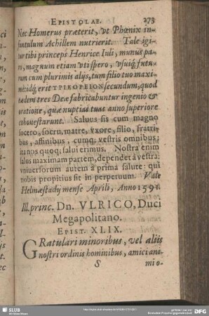Ill. princ. Dn. Ulrico, Duci Megapolitano. Epist. XLIX.