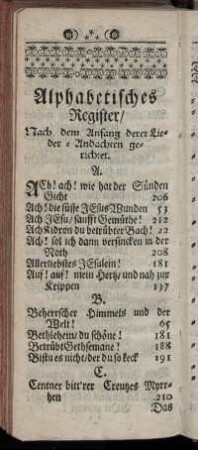 Alphabetisches Register/ Nach dem Anfang derer Lieder-Andachten gerichtet.