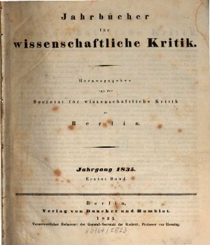Jahrbücher für wissenschaftliche Kritik. 1835, Bd. 1