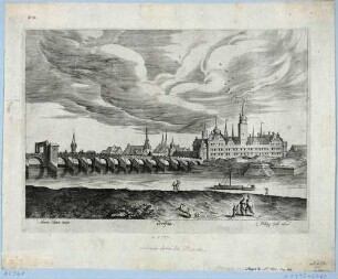 Stadtansicht von Dresden, Blick von Norden über die Elbe mit der Brücke auf die Altstadt mit dem Schloss